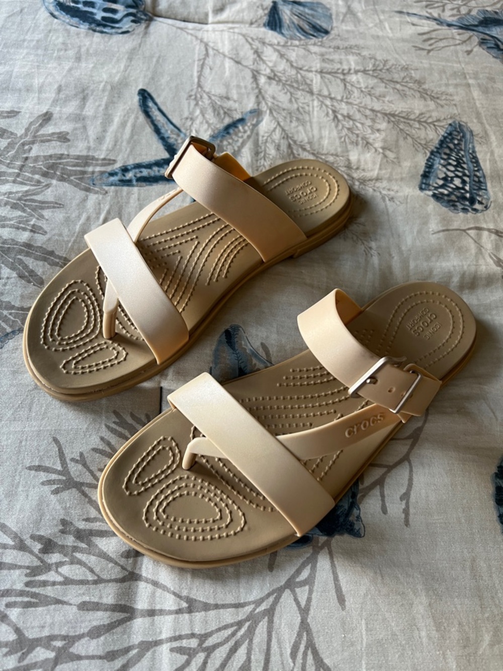 CROCS Women's Beige Double-Strap Slide Sandals with Buckle